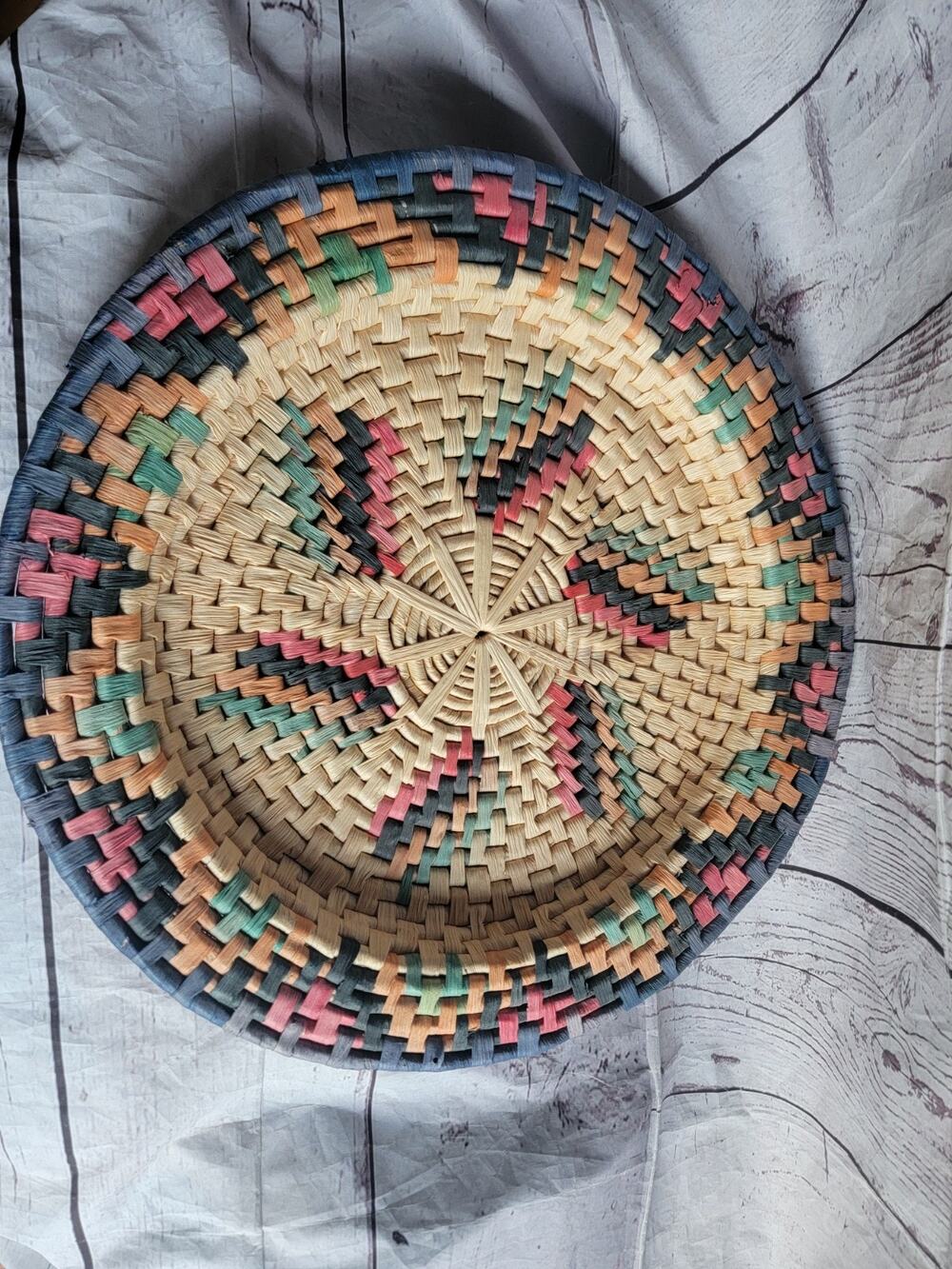 Vintage Large Straw Weaved Bowl Wicker Multicolored 17" Round Boho Style